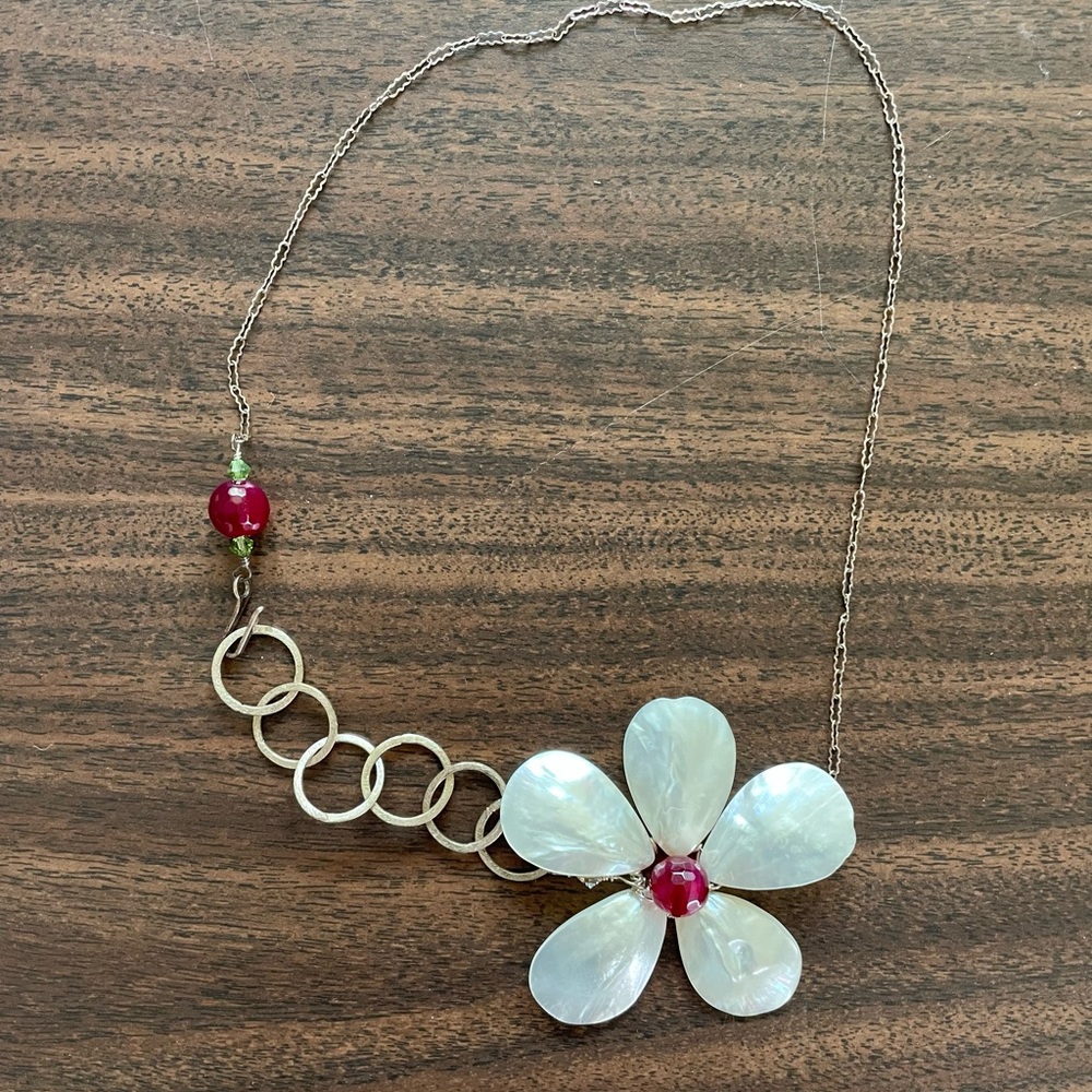 Silver and Red Flower Necklace